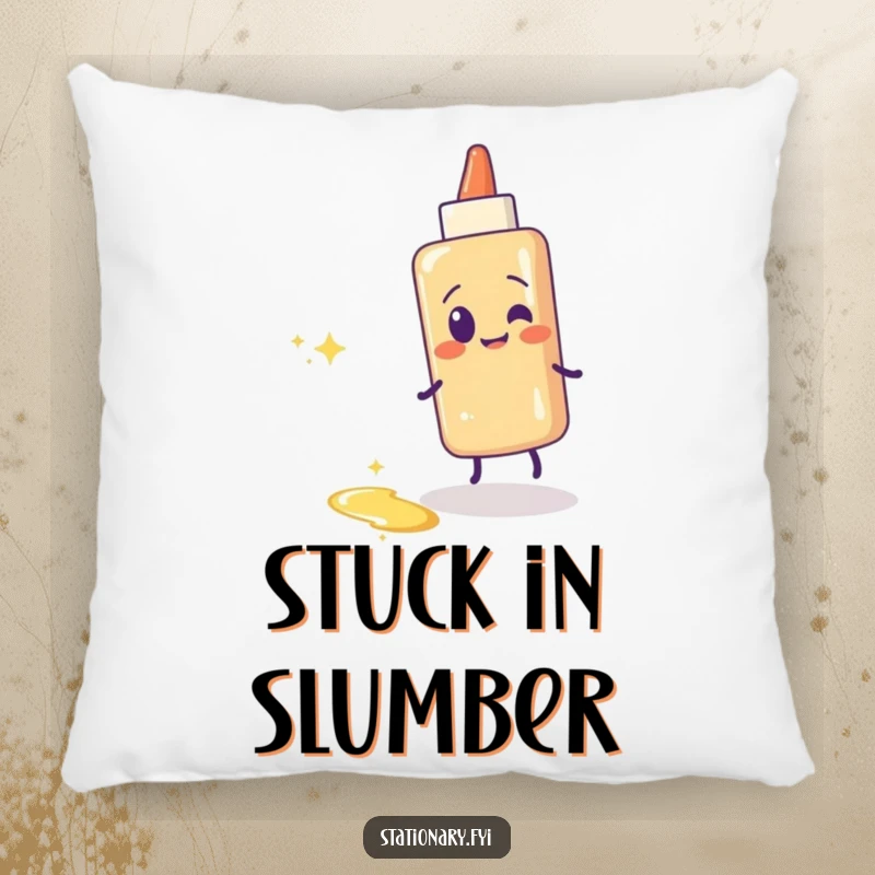 Funny glue stick pillow with a giggling glue stick leaving a sparkly, sticky trail. Soft and decorative.