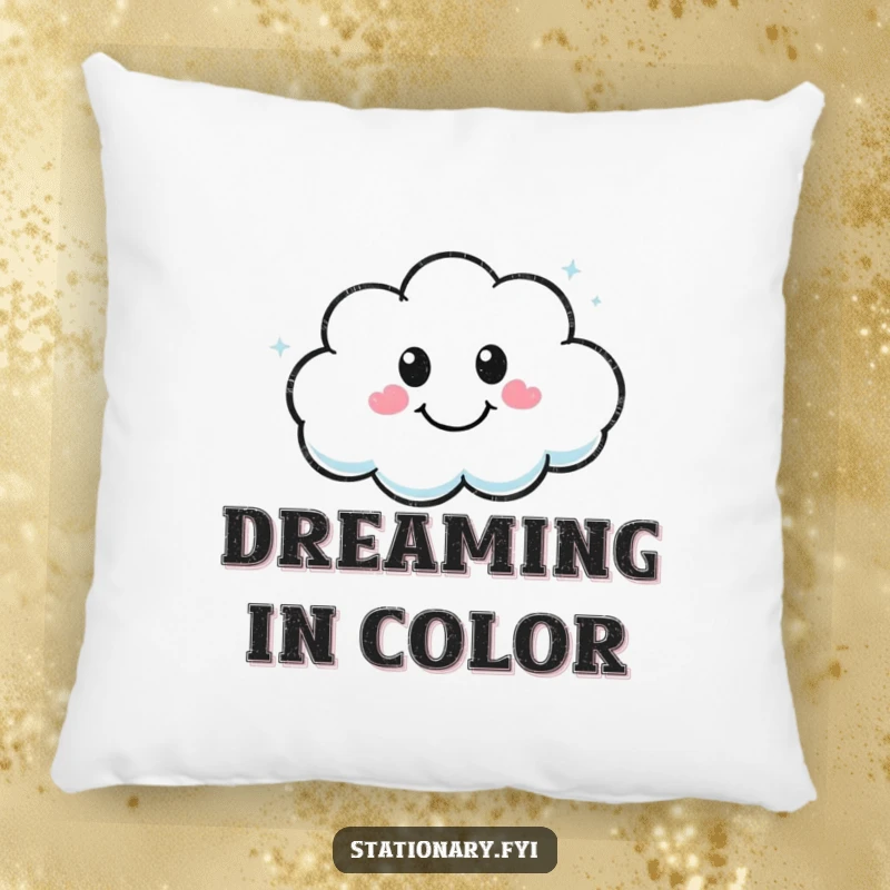 Funny Kawaii marker character drawing a smiley cloud on a plush pillow, offering comfort and art.