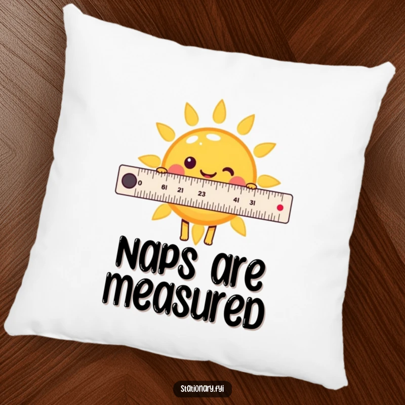 Funny Kawaii Ruler Pillow measuring a smiling sun, designed for humorous comfort and sunny decor, a great gift.