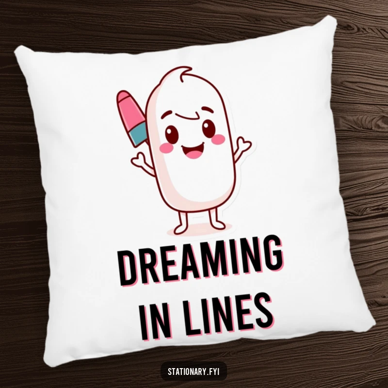 Funny marker pillow with a bouncing marker character drawing a wavy line. Soft and decorative.