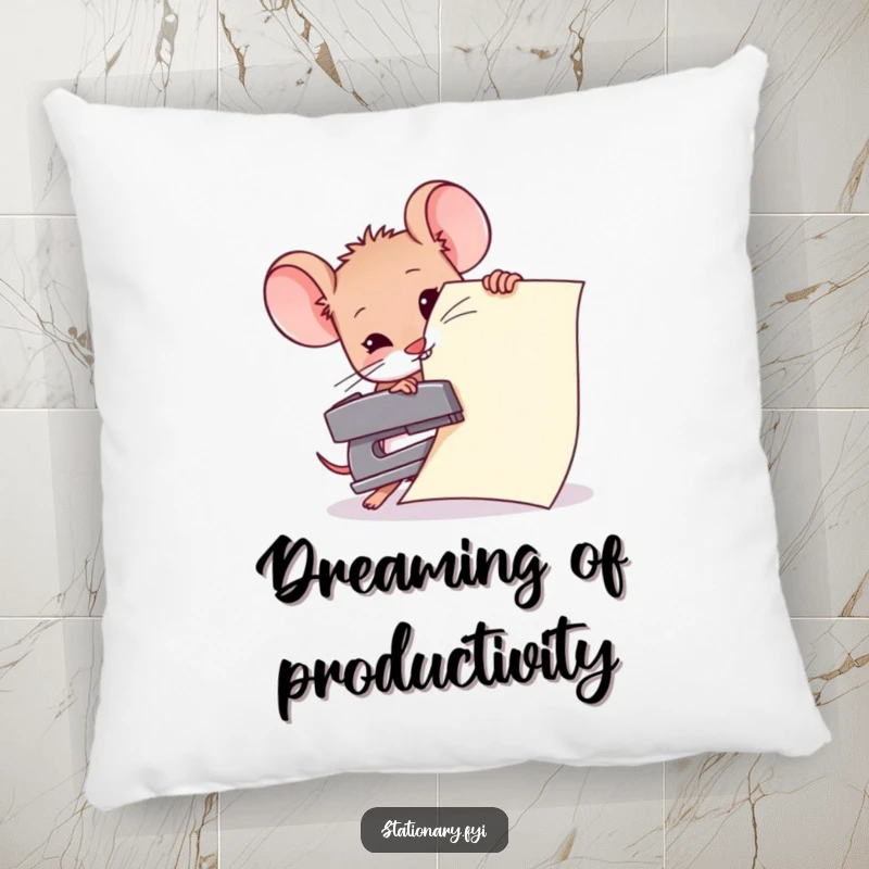 Funny pillow graphic of a small mouse endeavoring to staple a giant paper with a tiny stapler, a humorous accent pillow.