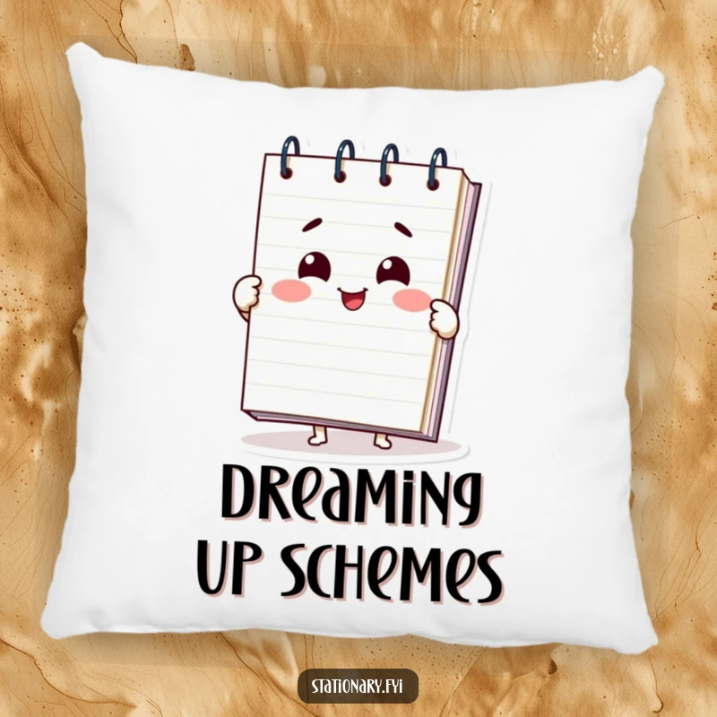 Funny notepad pillow with a smiling character spreading its pages open, offering comfort and a humorous, delightful visual.