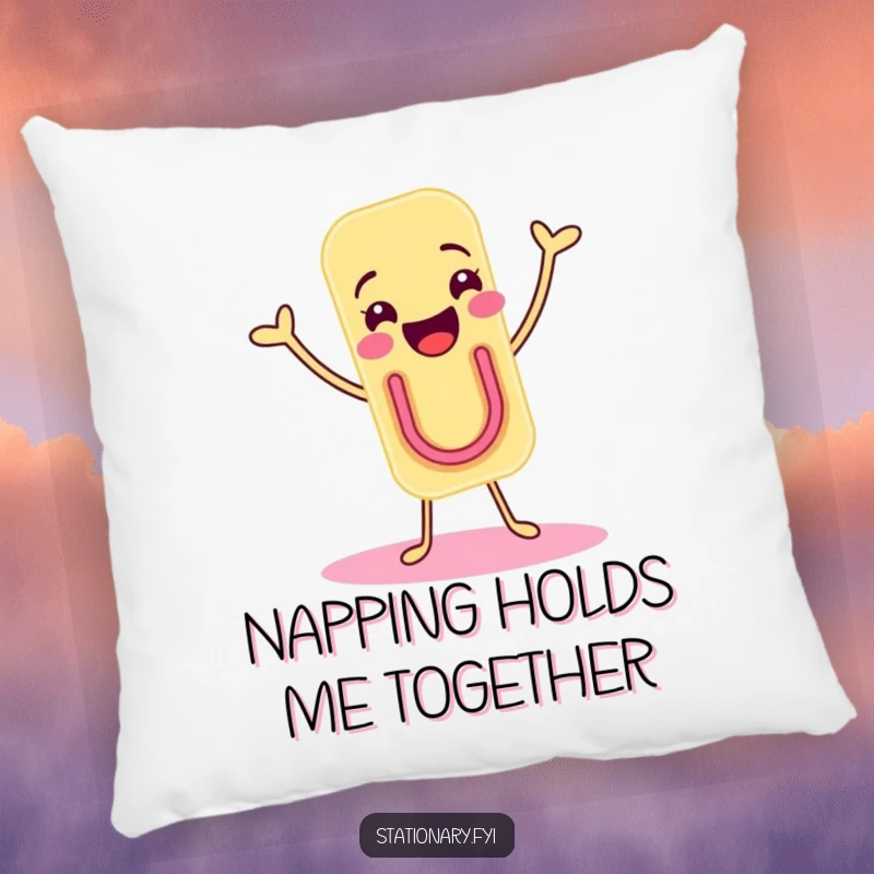 Funny pillow with a joyous paper clip character doing a lively shimmy, offering cozy comfort and cheerful design.