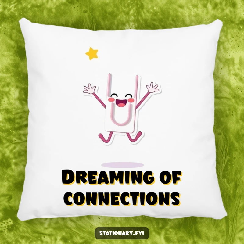 Funny decorative pillow featuring a happy paperclip character jumping, offering comfort and a touch of playful celebration, a perfect funny gift.