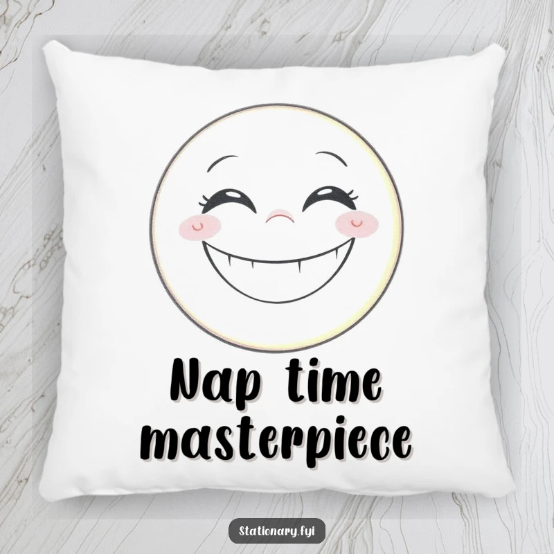 Funny pillow with a grinning pencil artist creating a huge, beaming smiley face, offering comfort and laughter.