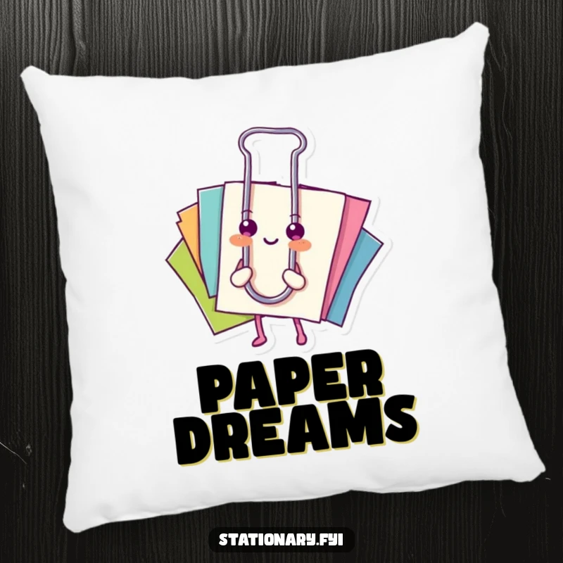Funny pillow: A happy paperclip holds colorful papers, offering a soft touch of organization.