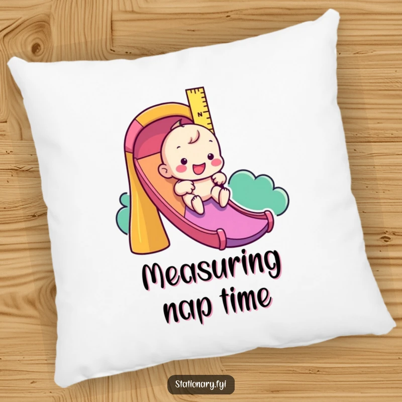 Funny throw pillow featuring a playful ruler character on a colorful slide, bringing comfort and amusement.