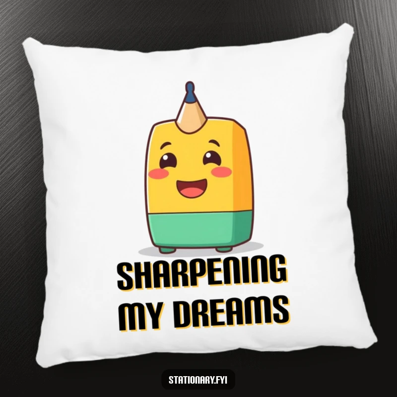 Funny Pillow: A cheerful pencil sharpener character beaming with a friendly grin, providing comfort and a humorous touch to any seating area.