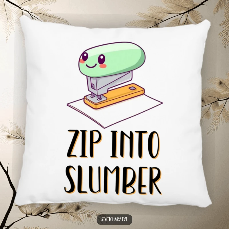 Funny pillow showcasing a cheerful stapler zipping rapidly over paper, ideal for adding humor to comfort.