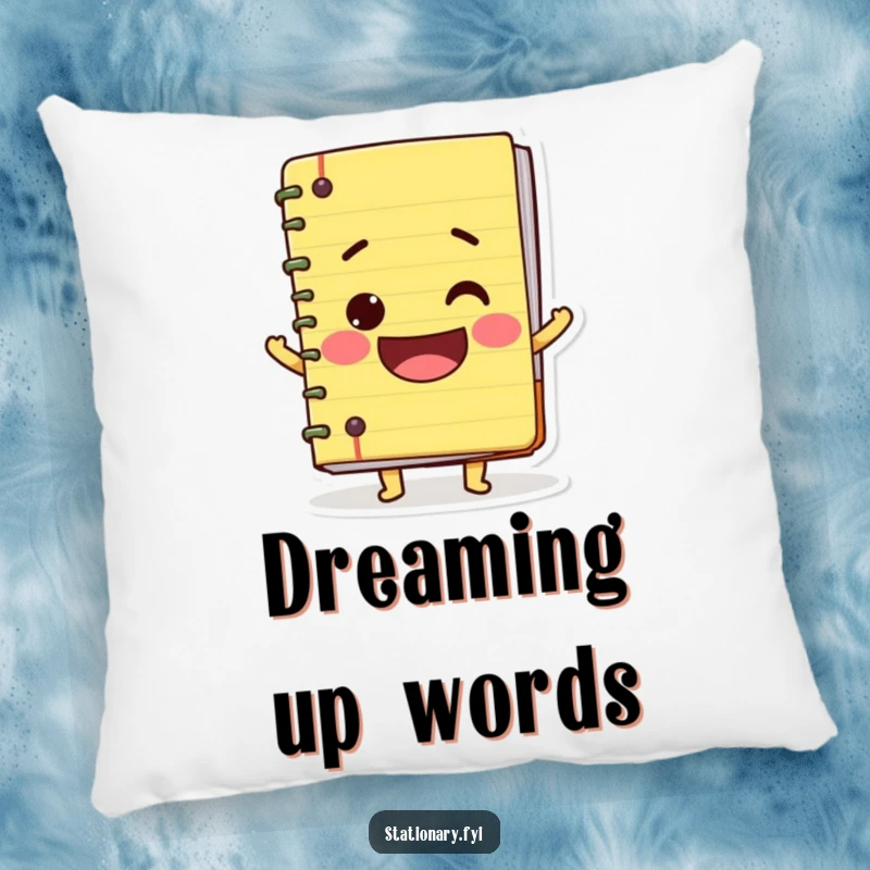 Funny pillow designed with a wobbly notebook character sporting a big smile, offering comfort and a humorous decorative element.