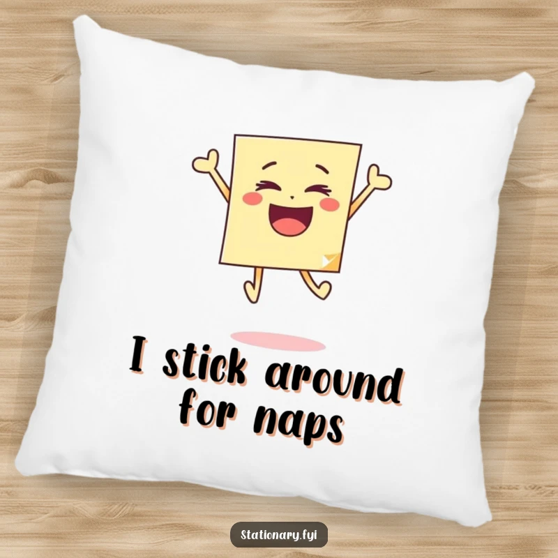 Funny pillow featuring a sticky note bouncing with joy, providing comfort and a playful, humorous touch to any room.
