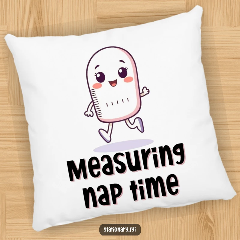 Funny pillow with a bouncing ruler character measuring imaginary footsteps, offering cozy comfort and witty design.