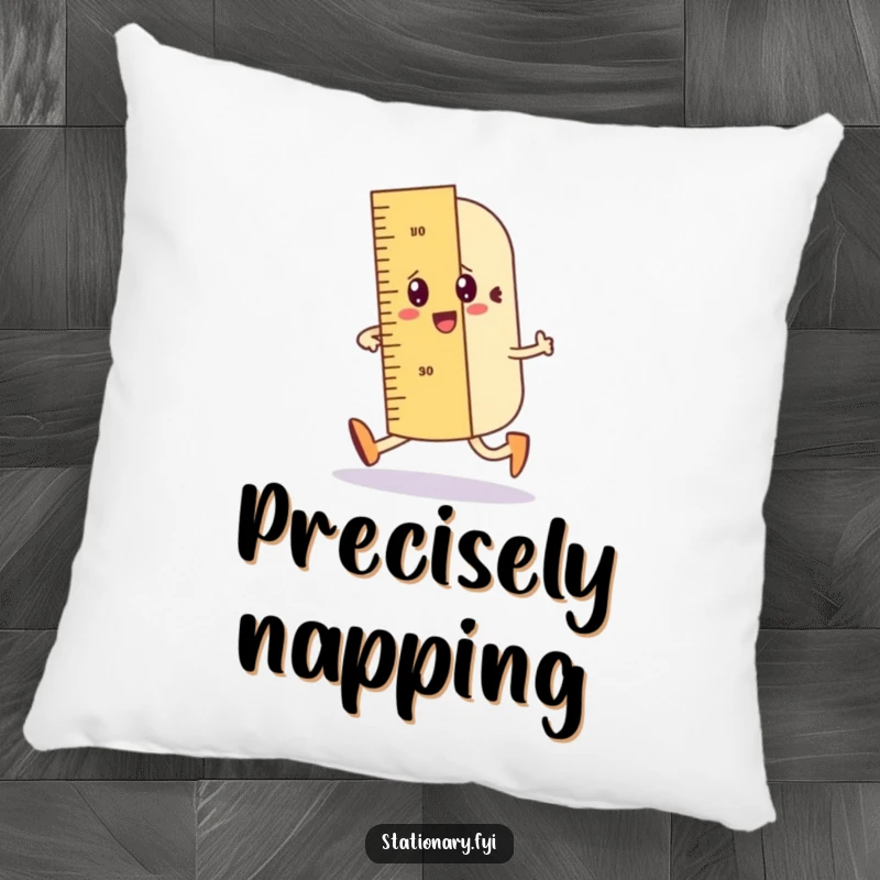 Funny pillow featuring a wobbly ruler character jauntily walking, drawing a straight line, for cozy precision.