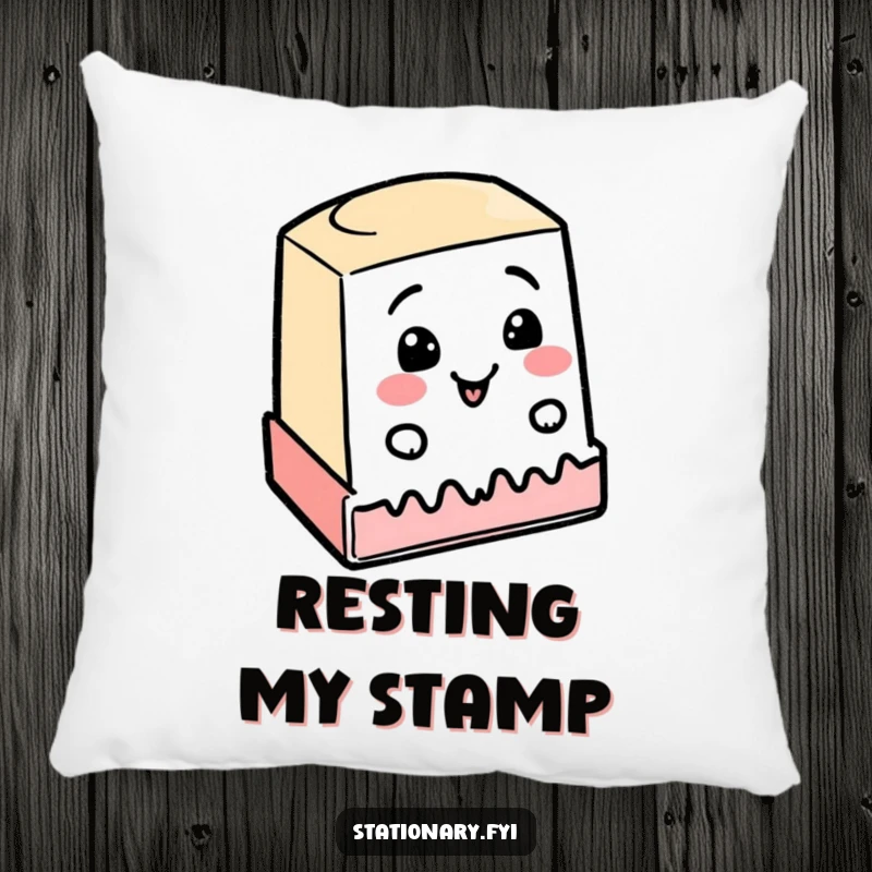 Funny pillow graphic of a happy rubber stamp enthusiastically stamping a wobbly line, a humorous and comforting decor piece.
