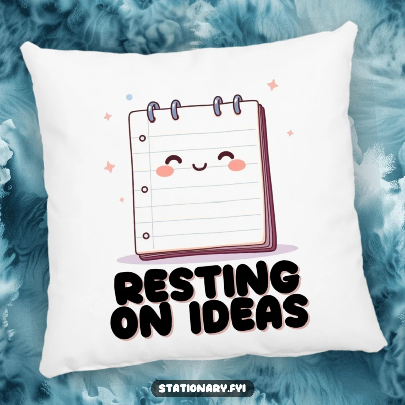 Funny pillow featuring a happy notepad with pages fluttering in a gentle breeze, offering comfort and a symbol of creativity.