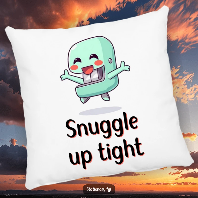 Funny pillow designed with a happy stapler character in a cheerful jumping pose, offering comfort and a humorous touch to any room.