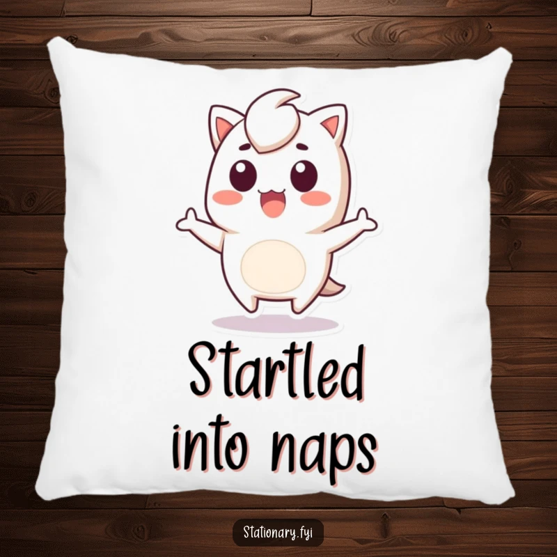 Funny Pillow designed with a Kawaii staple remover character in a surprised jump, offering soft comfort and a humorous touch.
