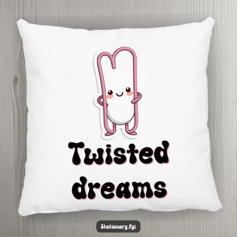 Funny kawaii paperclip character in a humorous bending pose, offering comfort and laughs on a pillow.