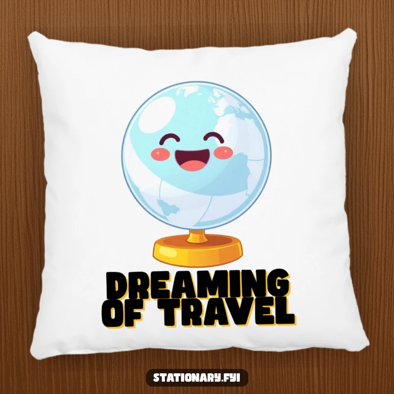 Funny pillow featuring a wobbly globe spinning with cheerful energy, offering comfort and a symbol of global adventure.
