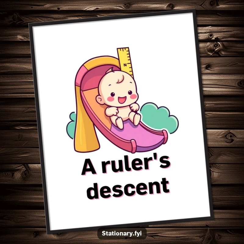 Funny digital art print of a playful ruler character sliding down a colorful slide, perfect for vibrant wall decor.