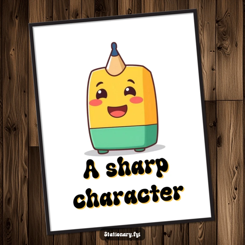 Funny Digital Art Print: A cheerful pencil sharpener character with a wide grin, perfect for humorous and sharp wall decor.