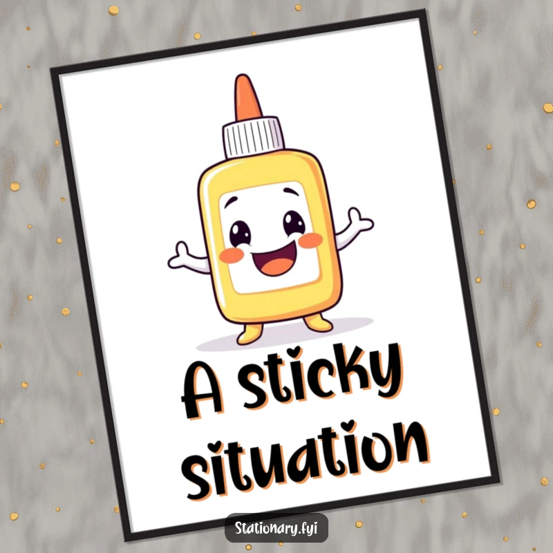 Funny Digital Art Print: A grinning glue bottle character doing a comical wobble, perfect for humorous and sticky wall decor.
