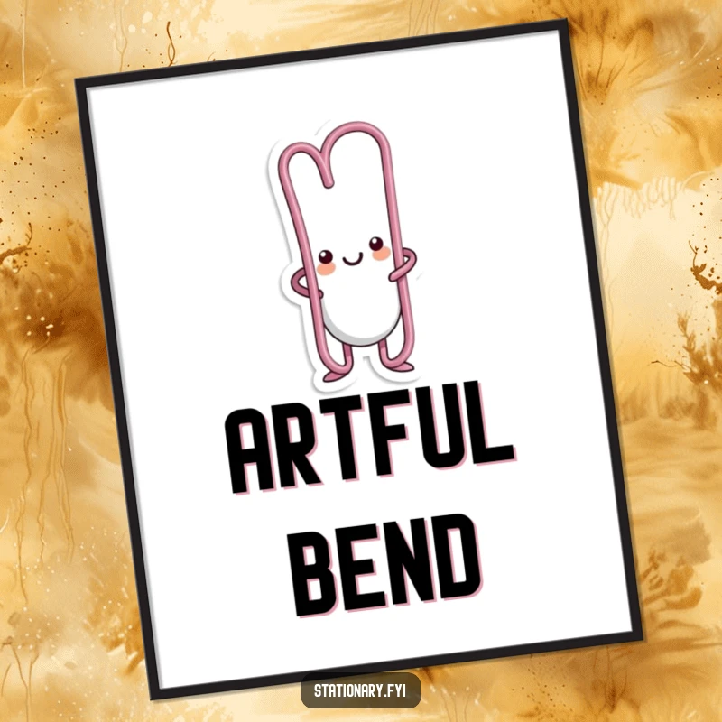 Funny kawaii paperclip character bending creatively in a whimsical pose, perfect for digital art prints.
