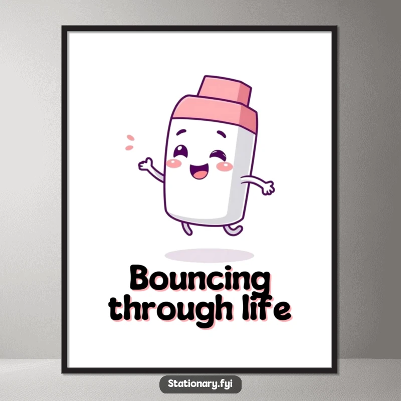 Funny digital art print showcasing a giggling eraser character in a dynamic bouncing pose, perfect for playful and humorous wall decor.