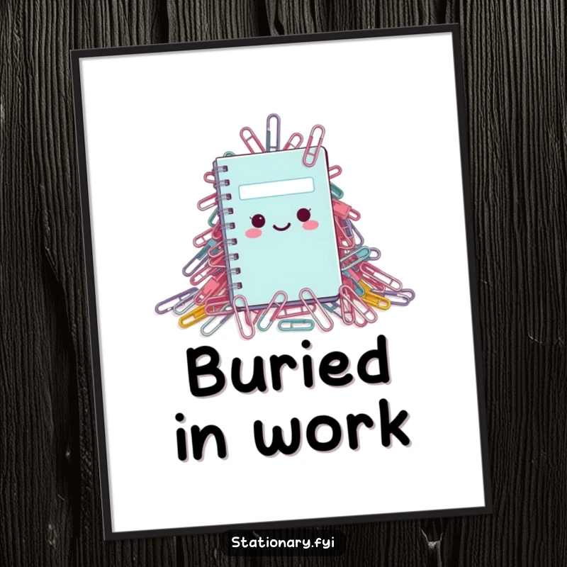 Funny Digital Art Print: A miniature notebook lost within an enormous mound of paperclips, a humorous illustration.