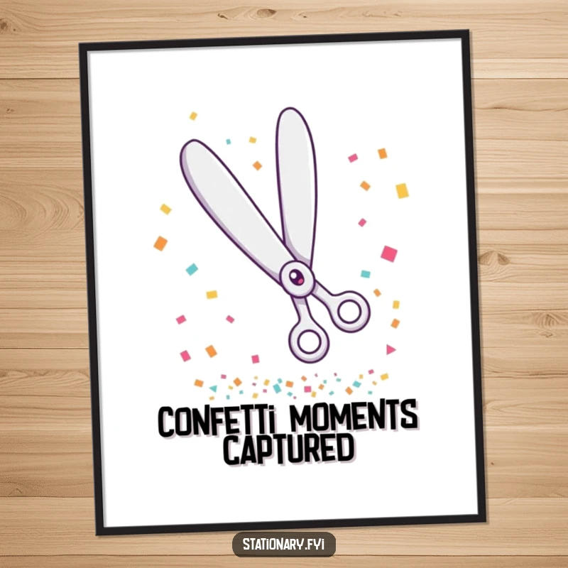 Funny digital art print of giggling scissors joyfully cutting a cascade of confetti, artistically festive.