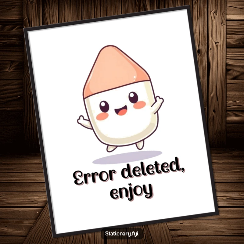 Funny Kawaii Eraser Digital Art Print: A downloadable artwork of a bouncing eraser, bringing instant playful humor to any room.