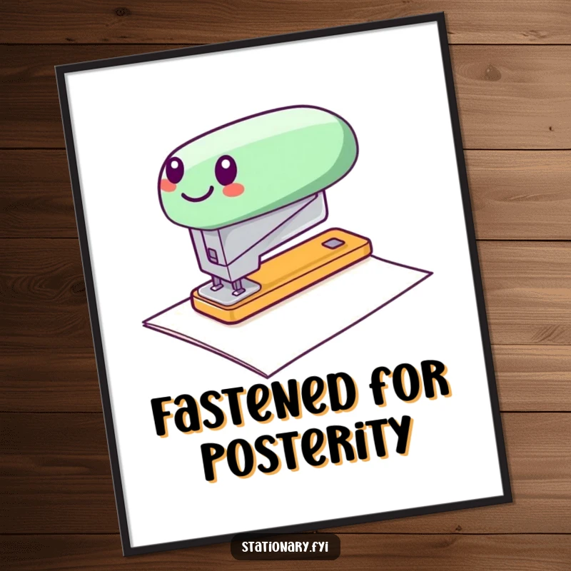 Funny digital art print of a cheerful stapler in rapid motion, zipping over paper, embodying office energy.