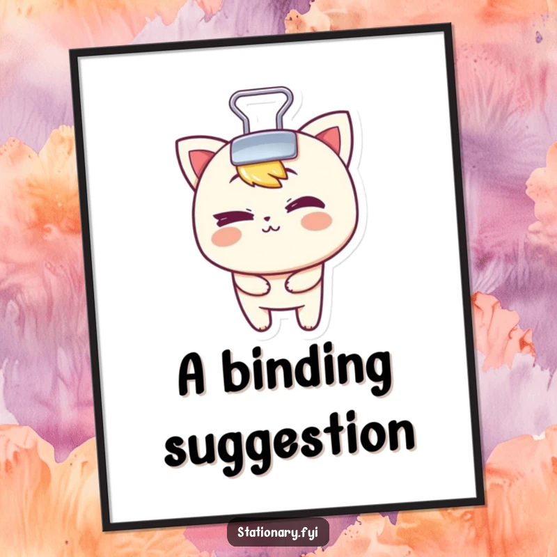 Funny digital art print of a mischievous binder clip character playfully winking, perfect for humorous wall decor.