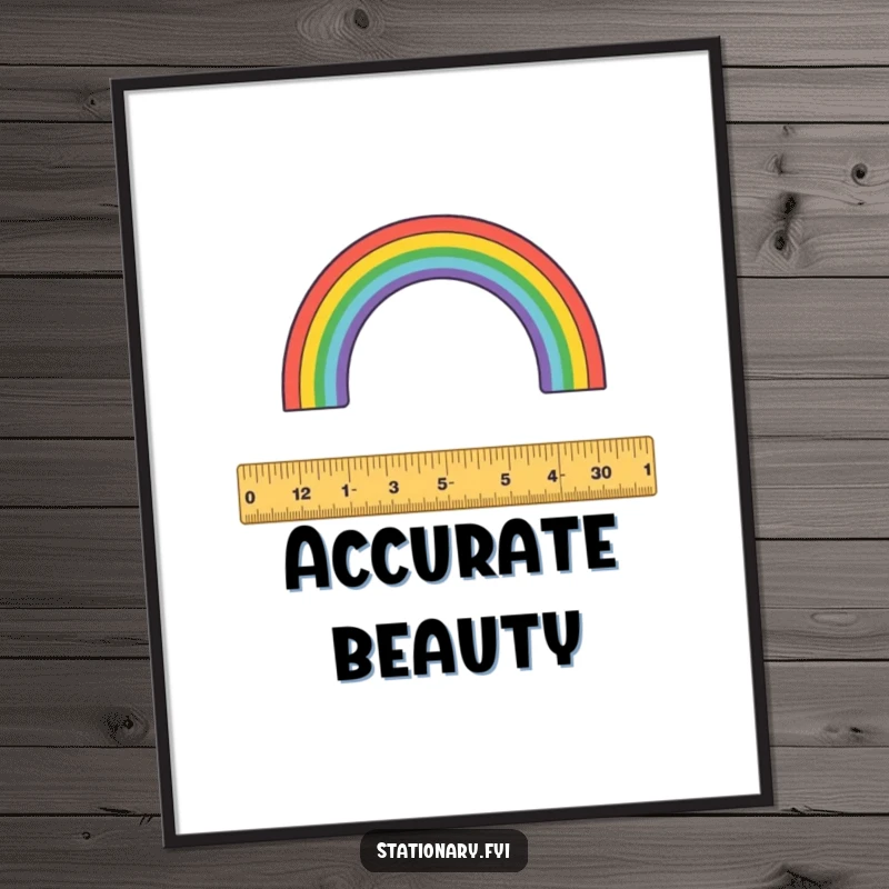 Funny digital art print: A precise ruler measures a vibrant rainbow arc, creating unique wall art.
