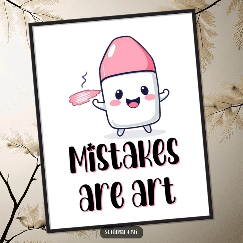 Funny digital art print of a cheerful eraser character happily smudging a drawn line, for humorous decor.