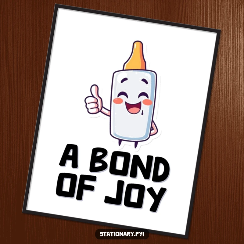 Funny digital art print of a giggling glue stick character giving a thumbs up, perfect for playful wall decor.