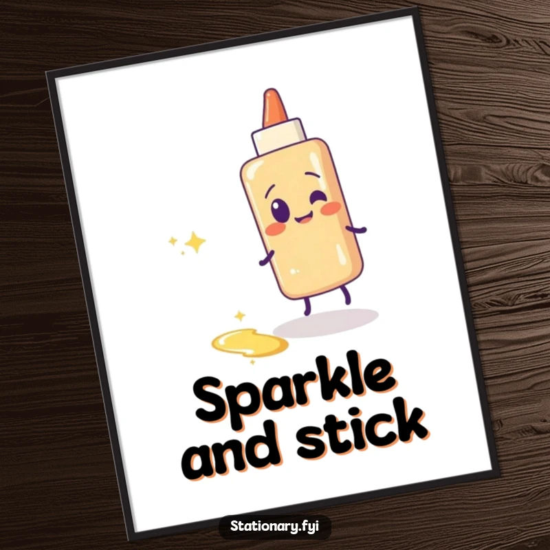 Funny glue stick digital art print of a giggling glue stick leaving a dazzling, sticky, sparkling trail. Playful artwork.