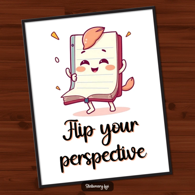 Funny digital art print of a joyful notebook character flipping its pages rapidly, celebrating the fun of reading.
