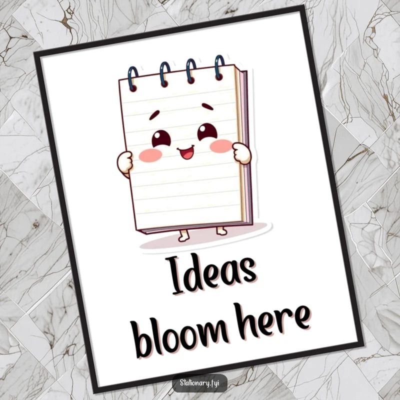 Funny notepad digital art print of a delighted character unfurling pages with a smile, perfect for humorous wall decor.