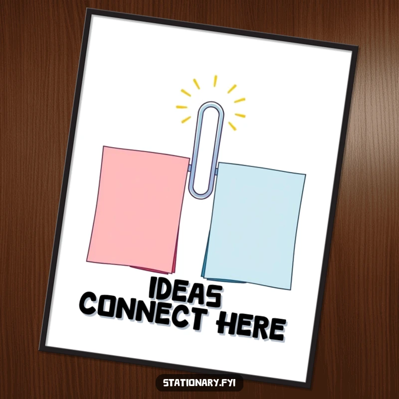 Funny Paperclip Digital Art Print: A beaming paperclip humorously connecting colorful sheets, adding office humor to your decor.