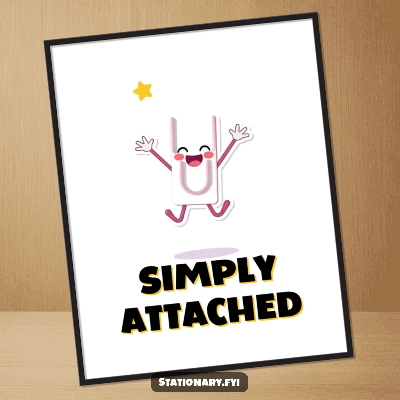 Funny digital art print of a happy paperclip character jumping, radiating excitement and joy, perfect for printable wall decor, funny gift.