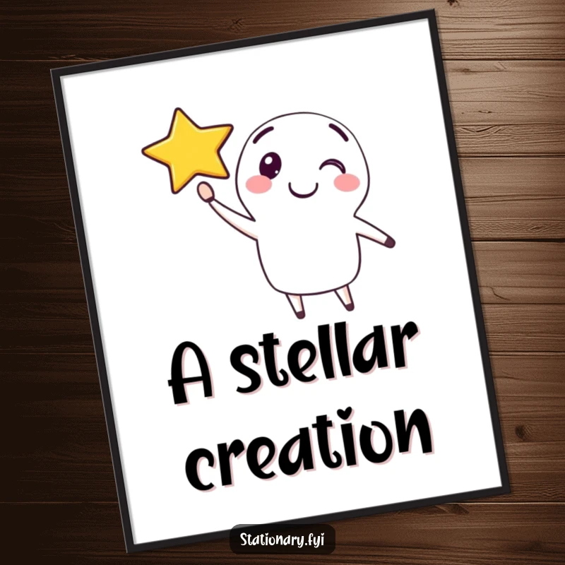 Funny digital art print of a happy pen character drawing a smiling star in the air, perfect for creative spaces.