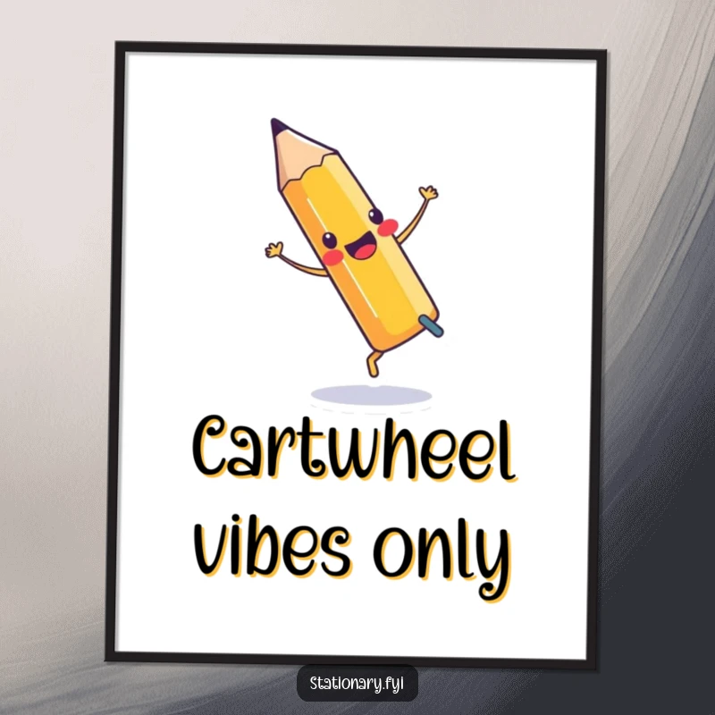 Funny Digital Art Print of a pencil performing a cartwheel with an eraser, capturing joyful stationery movement.
