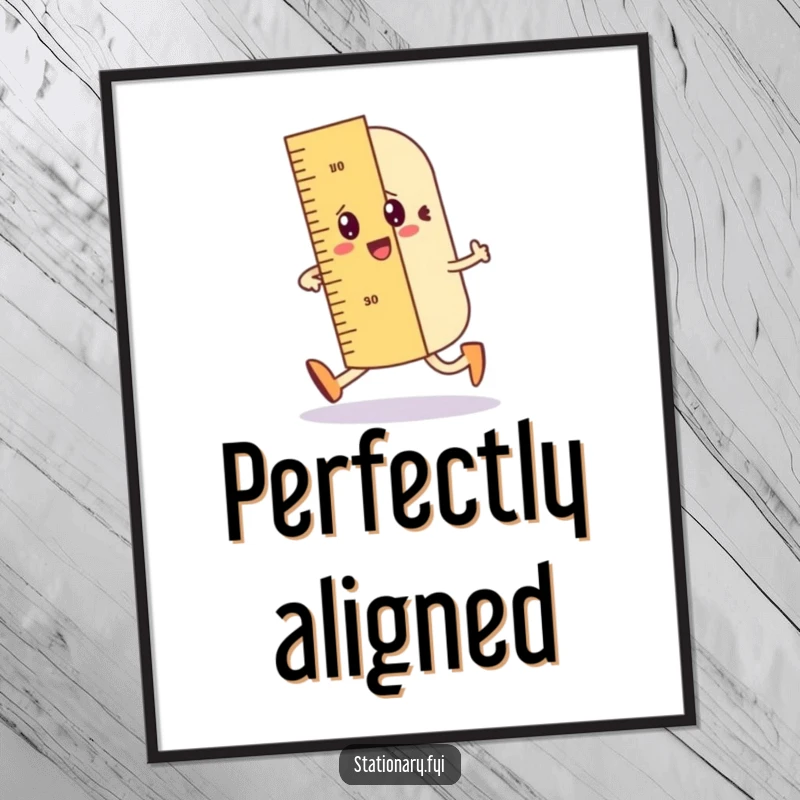 Funny digital art print of a wobbly ruler character drawing a straight line, for geometric humor decor.