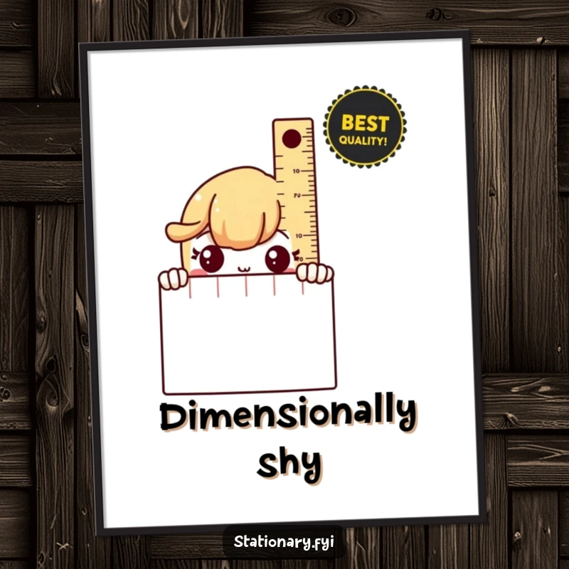 Funny Digital Art Print of a shy ruler peeking from behind a notebook, embodying gentle introversion and charm.