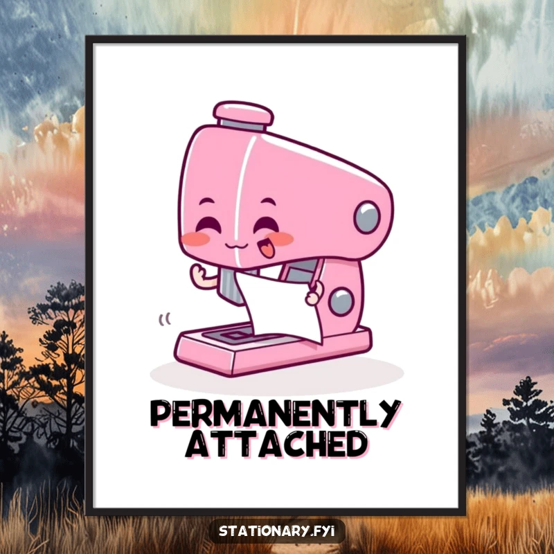 Funny digital art print of a giddy stapler character zapping paper together, for instant office humor.