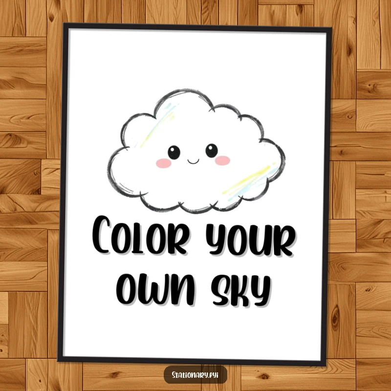 Funny digital art print of a crayon thoughtfully sketching a cloud, perfect for adding a touch of creative inspiration digitally.