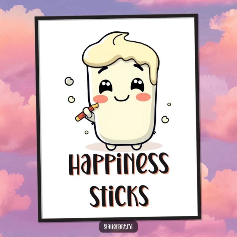 Funny Kawaii Glue Stick Digital Art Print smearing a joyful line, offering instant humorous decor, a great gift.