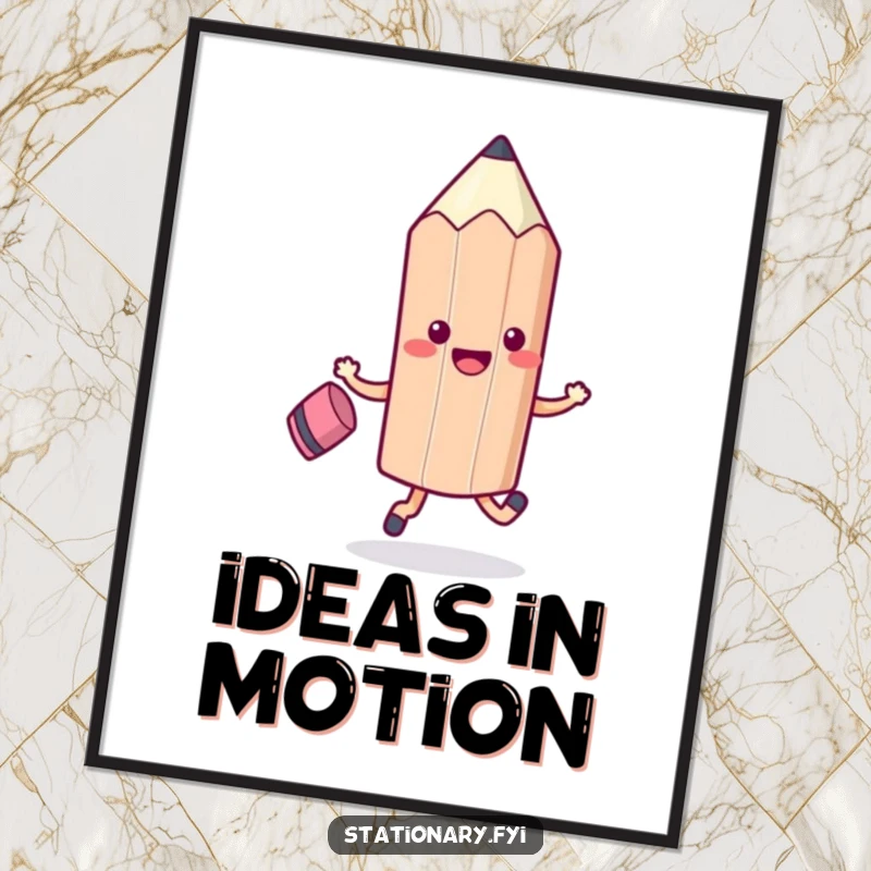 Funny Kawaii Pencil Skipping Digital Art Print with an eraser, offering instant humorous decor, a great gift.
