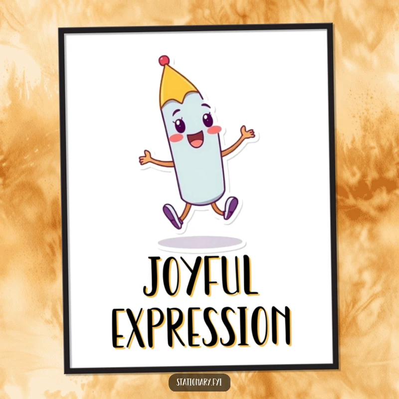 Funny cheerful pen digital art print of a character doing a joyful skip with a flourish, ideal for creative and humorous decor.